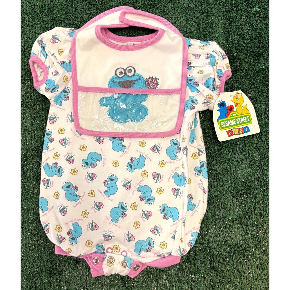 Vintage 90s Sesame Street Romper & Bib Set 3-6 Months Multicolor Cookie Monster